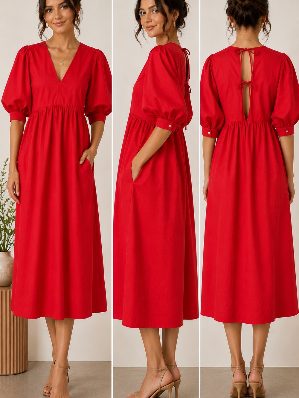 NWT English Factory Red Puff Sleeve Midi Dress Tie Back V-Neck XS
